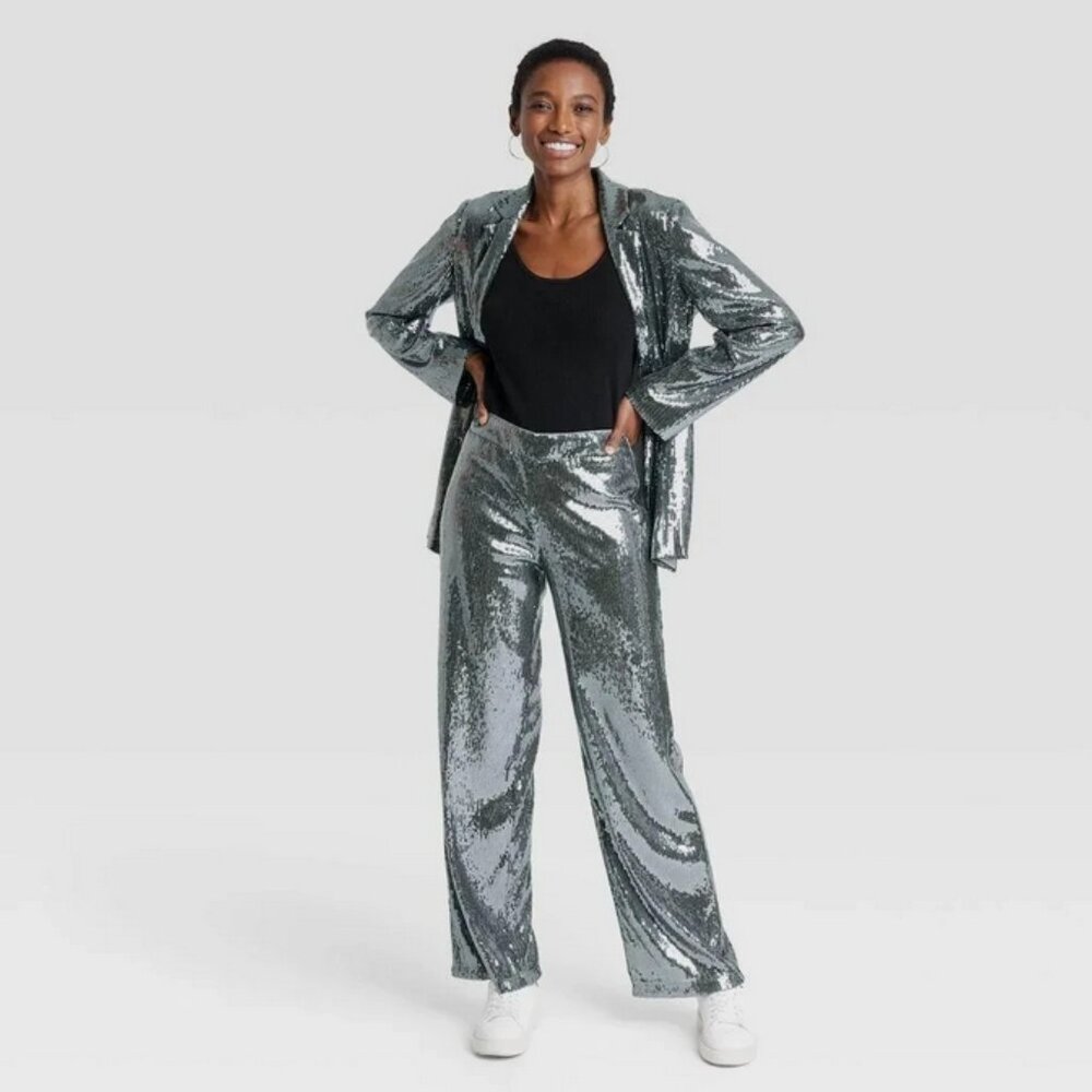 Women's Relaxed Leg High Rise Sequin Trouser Pants - A New Day Silver 10